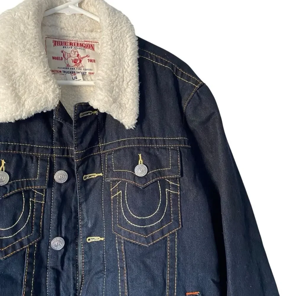 True Religion Dark Denim Blue Jean  Sherpa Trucker Jacket size large